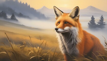A fox in a misty meadow looks thoughtfully into the distance - obrazy, fototapety, plakaty