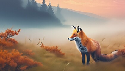 A fox in a misty meadow looks thoughtfully into the distance