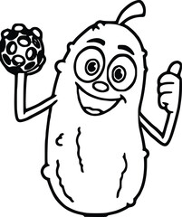 Cute Pickle Cartoon Character with A Thumb Up And Holding Pickleball Ball. Hand Drawn Vector Illustration Isolated On Transparent Background