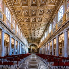 Main nave of the Papal Basilica of Santa Maria Maggiore. Large nave with coffered roof ceiling