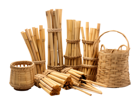 a group of bamboo sticks and baskets