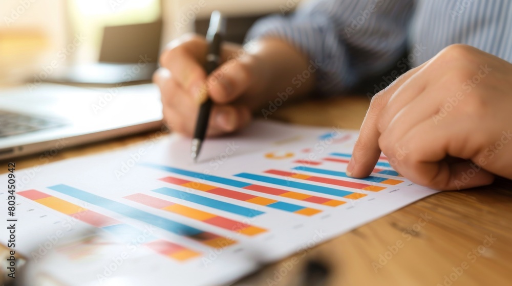 Poster an entrepreneur studying a bar graph depicting sales performance, identifying areas for improvement 