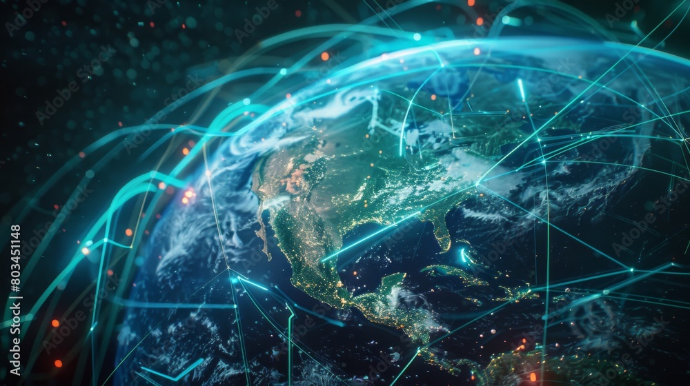 Poster An illustration of a globe enveloped by a network of digital connections, illustrating communication transcending geographical boundaries.