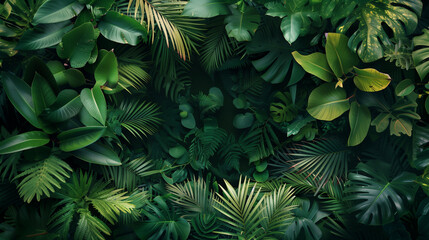 Fototapeta premium Tropical forest background, jungle background with border made of tropical leaves with empty space in center, copy space.