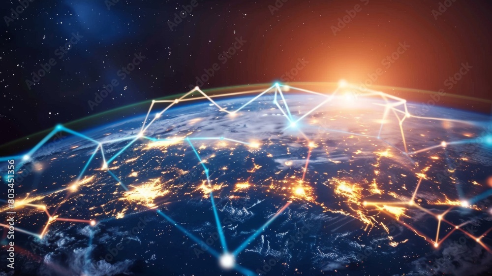 Poster An illustration of a globe enveloped by a network of digital connections, illustrating communication transcending geographical boundaries.