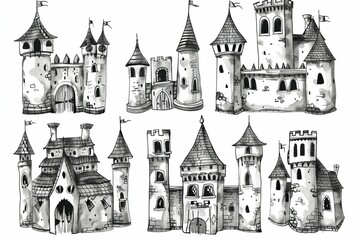 hand drawn medieval castle facades with towers and windows fantasy architecture illustration set