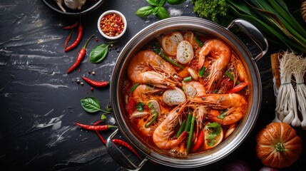An overhead shot of a traditional Thai hot pot filled with bubbling tom yum goong broth, surrounded by fresh ingredients.