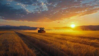 Fototapeta premium Tractor in Wheat Field at Sunset