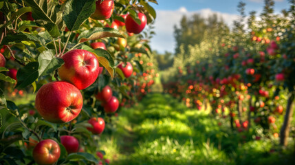 Bright red ripe apples on a tree branch in a summer garden