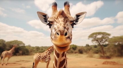 Giraffe eating grass closeup and selective focus
