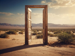 Sketch of an open door against the backdrop of the desert, signifying the concept of new beginnings and uncharted territory.