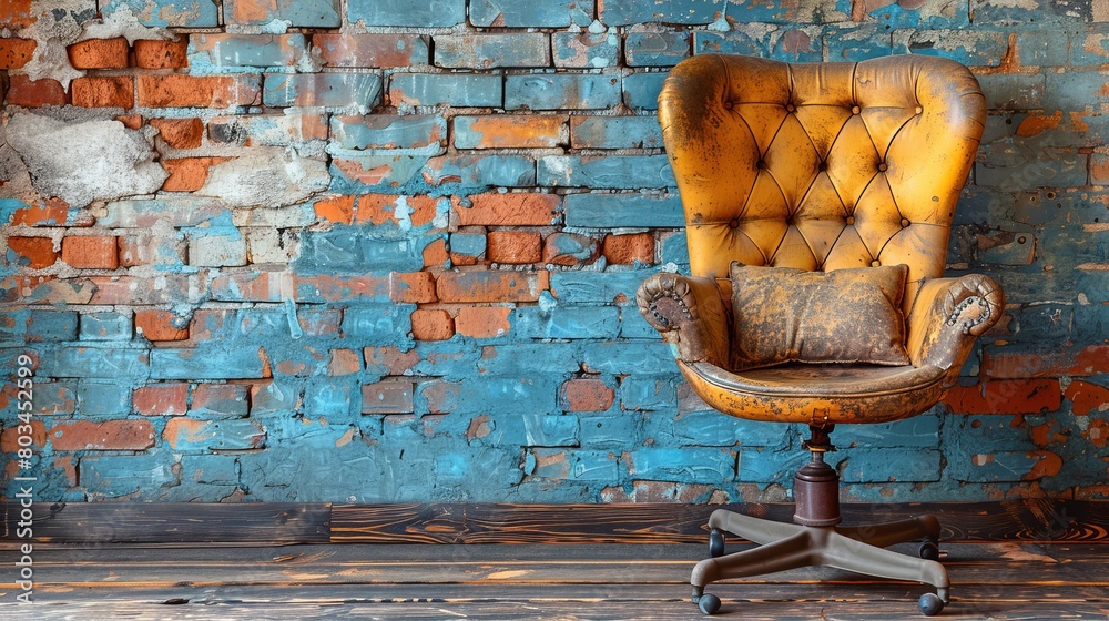 Canvas Prints A chair in front of a brick wall with an old leather seat, AI