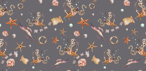 Seamless pattern. Watercolor Marine Theme. Anchor , Rope, Starfish, Seaweed, Shells, Lifebuoy, Flags, Bubbles. For Wallpaper, Wrapping Paper, Textiles, Summer Accessories, Stationery, Travel Agencies