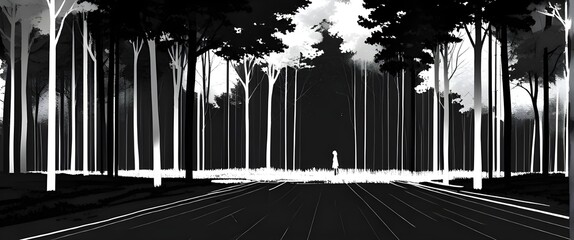 Forest lines black and white. Minimalist trees. Generative AI