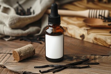 organic serum cosmetics brown glass bottle with white empty label mockup on wooden table with natural aroma oil ingredients