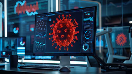Virus Analysis on High-Tech Computer Monitor. A sophisticated computer setup displaying detailed virus analysis on a monitor, showcasing advanced technology in a scientific research lab.