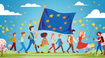 An illustrative Banner for Memorial Day, May 8, Europe Day with people who came out with a flag and flowers to honor the 1945 day of the unification of Europe after World War II