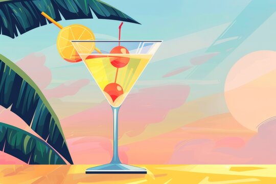 Martini  cocktail  flat illustration  in glass with cherry on tropical beach bar background. Summer cocktails menu.