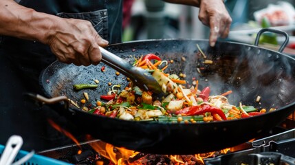 Fototapeta premium Chef is stirring vegetables in wok,Wok cooking a traditional stir fry. Street food in China, South-East Asia.