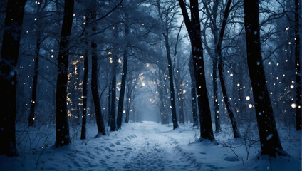 Silent snowfall enveloping a dark, wintry forest, illuminated by twinkling lights and distant stars.