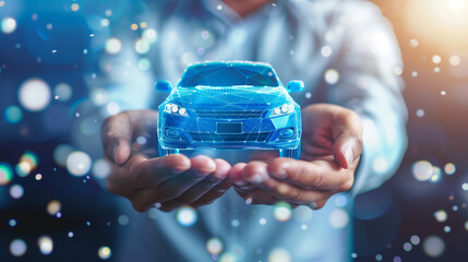 Man Presenting Holographic Car Projection. A man in casual attire presenting a 3D holographic projection of a blue car, surrounded by light particles.