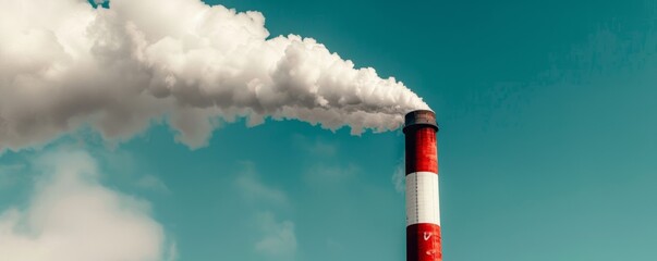 Industrial smokestack emitting white smoke into blue sky