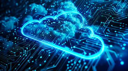 Fototapeta premium Cloud Computing Concept on Circuit Board. Futuristic depiction of cloud computing technology with glowing blue cloud icons on a detailed circuit board.