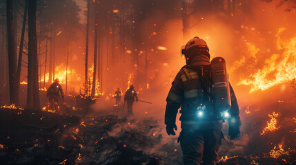 Firefighter in full gear with flashing lights leading a team through environment forests and fires