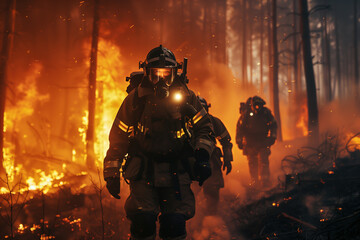 Fototapeta premium Firefighter in full gear with flashing lights leading a team through environment forests and fires