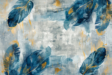 A vintage-inspired wallpaper design with a pattern of feathers and abstract blue and gold...