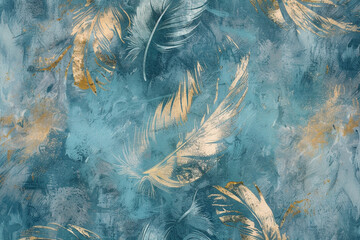 A vintage-inspired wallpaper design with a repeating pattern of feathers, created using blue and gold brushstrokes and a textured backdrop.