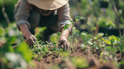 Fototapeta premium Gardener planting vegetables with gentle focus and simple clothes, garden tools