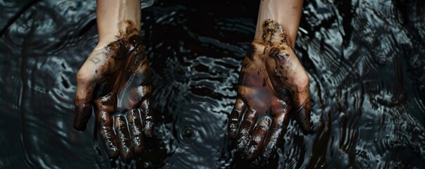 Muddy hands emerging from dark water