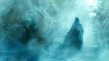 Mysterious Dark Figure in Tattered Robe Haunting Forest with Eerie Presence. Concept Dark Figure, Forest, Eerie Presence, Mysterious, Tattered Robe