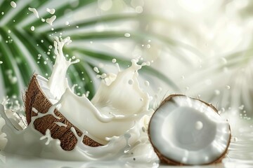 swirling splash fresh white coconut milk whole coconuts 3d illustration cosmetic product ads shampoo soap glossy liquid 