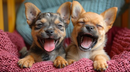 Two small dogs are laying on a bed with their mouths open, AI