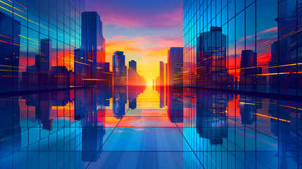 Futuristic Cityscape with Reflective Skyscrapers. Vibrant and colorful illustration of a futuristic cityscape with reflective skyscrapers and a beautiful sunset.