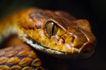 Close-up of a Colorful Brown Snake Eye. Macro shot of a brown snake's eye, displaying intricate details and vivid colors of the reptile's scale pattern.