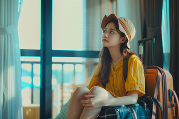 Young Woman Waiting in Airport Lounge. Young Asian woman sitting thoughtfully with her luggage in an airport lounge, gazing out the window, anticipating her journey.