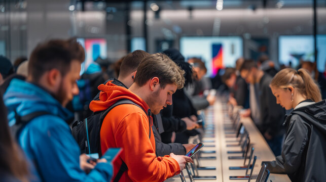 Customers Exploring New Gadgets in Tech Store. A busy tech store scene with customers exploring various new gadgets and devices, deeply engaged in technology.