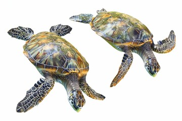 two hawksbill sea turtles swimming blue water tropical marine animals isolated white background...