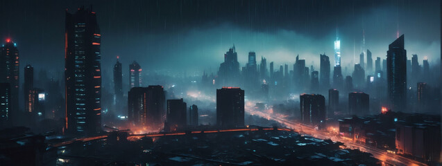 Stunning cyberpunk artwork, a K wallpaper showcasing a futuristic city enveloped in rain and fog, depicting the haunting emptiness of a dystopian world after dark