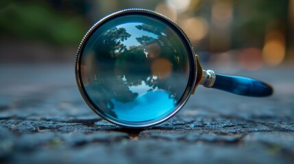 A magnifying glass is on the ground with a reflection of trees, AI
