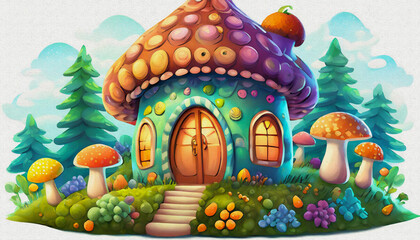 OIL PAINTING STYLE CARTOON CHARACTER CUTE baby house with mushrooms isolated on white background, top view, mushroom,