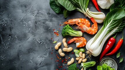 Flying wok ingredients - shrimp, vegetables, pak choi leaves, onions and peanuts. Asian food delivery. Chinese recipes. Wok preparation ingredients. Copy space