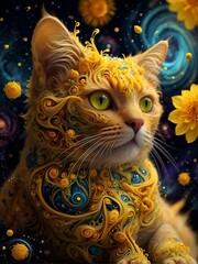 cat in a fractal Galaxy AND flowers.