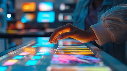 Close view of a hand meticulously exploring product customization options on a tablet, designing a personalized item