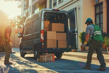 workers unloading boxes from van outdoors moving service ai generated image