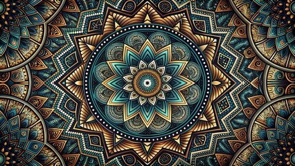 detailed symmetrical mandala design with intricate patterns combination of dark and vibrant colors
