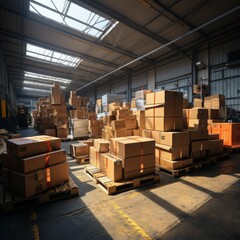 Warehouse interior with stacks of cardboard boxes on pallets